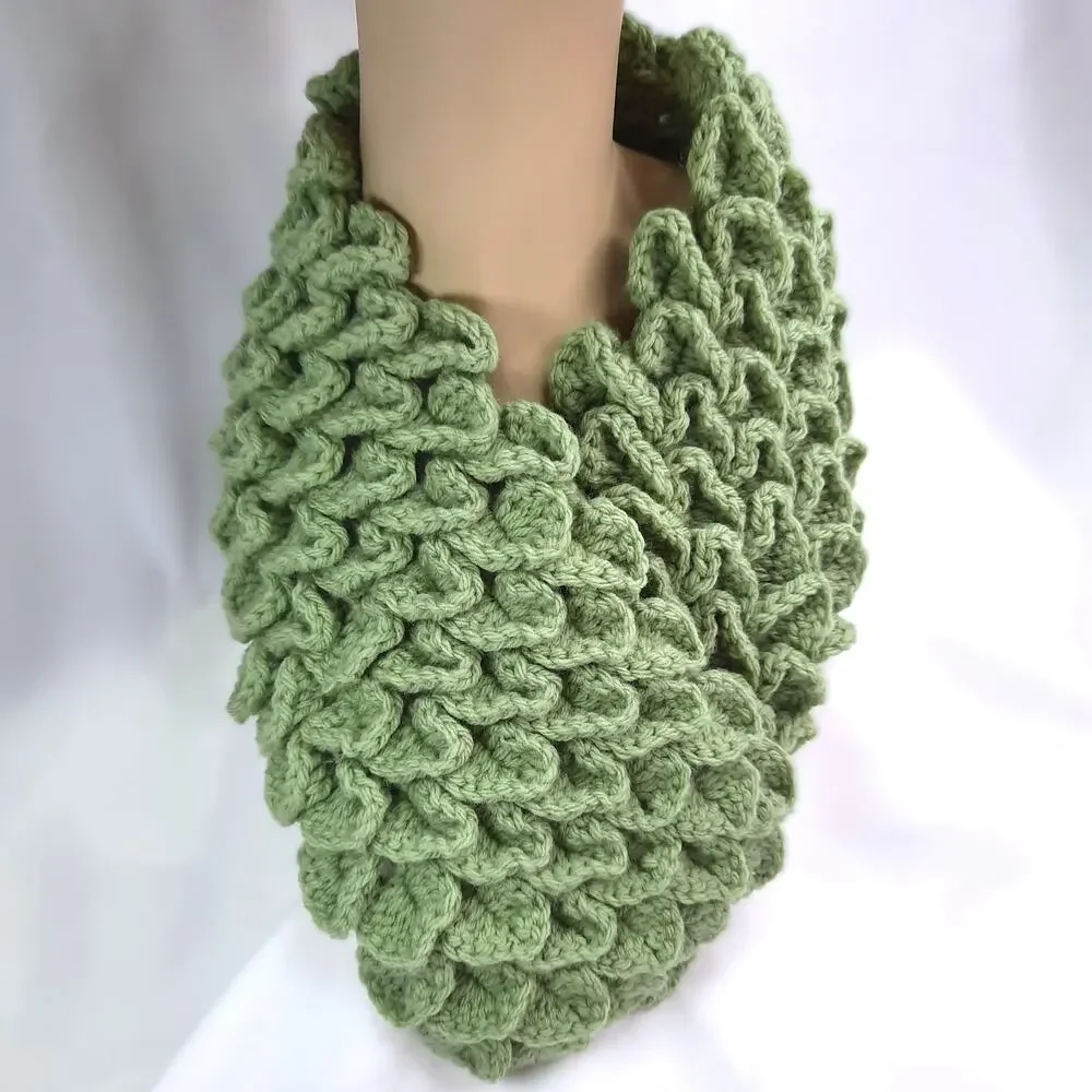 Handmade Dragon Scale Cowl Olive Green Mermaid Crochet Scarf Crocodile Stitch - Picture 1 of 10